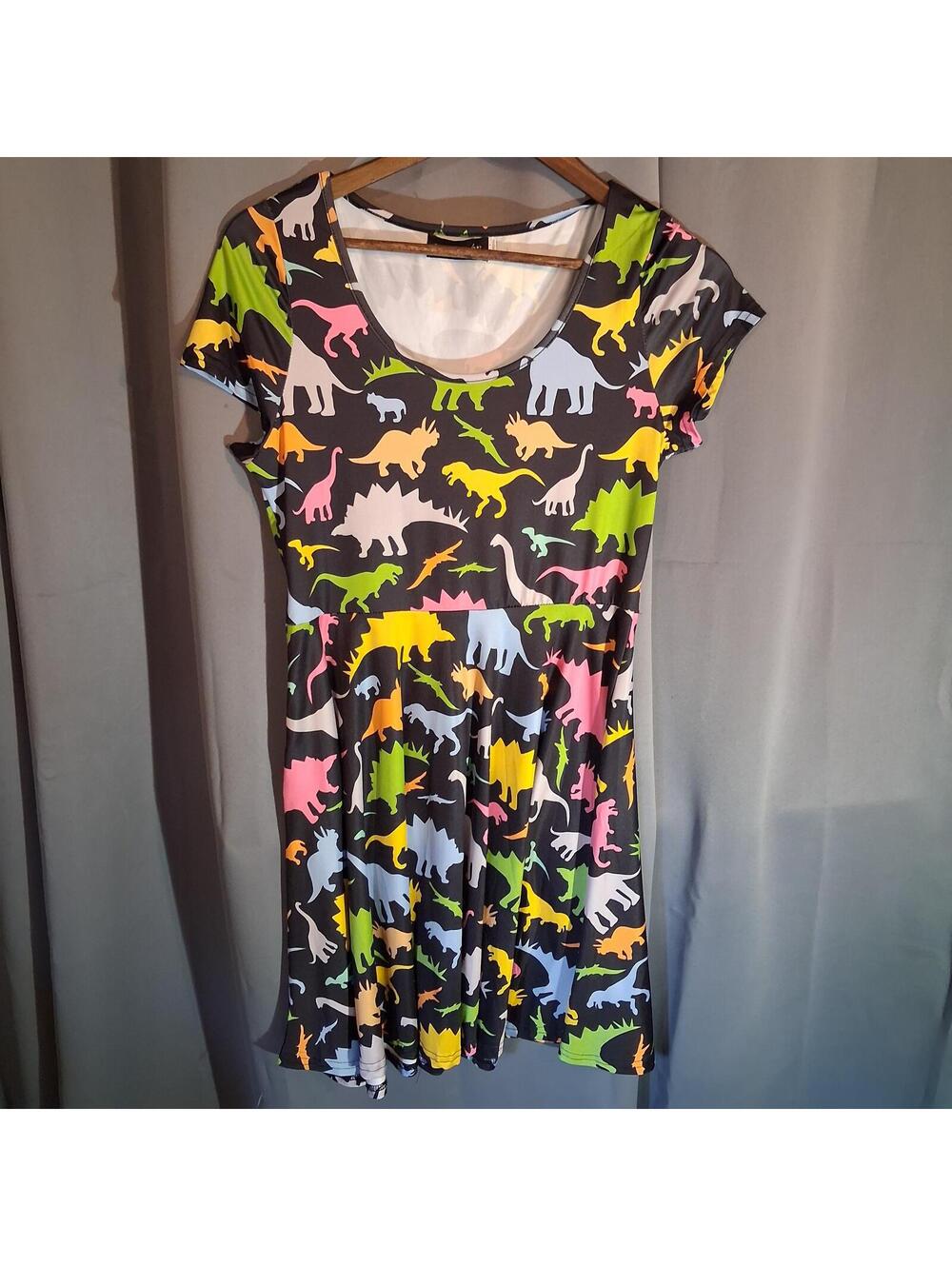 FANCYQUBE Multicolor Dinosaur Print Dress Size L